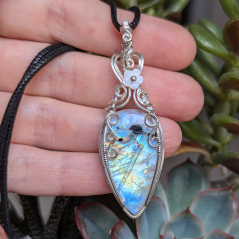 Rainbow Moonstone Wire Wrapped Sterling Silver Pendant