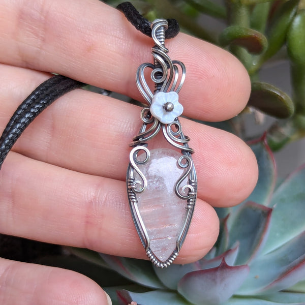 African Moonstone Wire Wrapped Oxidized Sterling Silver Pendant