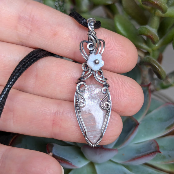 African Moonstone Wire Wrapped Oxidized Sterling Silver Pendant