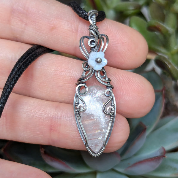 African Moonstone Wire Wrapped Oxidized Sterling Silver Pendant