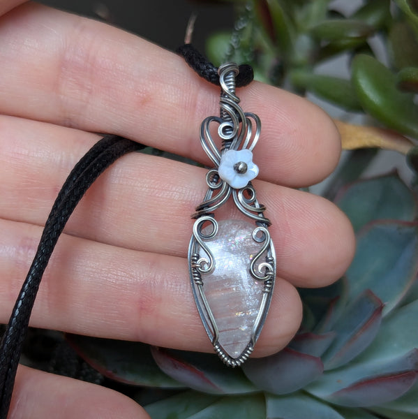 African Moonstone Wire Wrapped Oxidized Sterling Silver Pendant