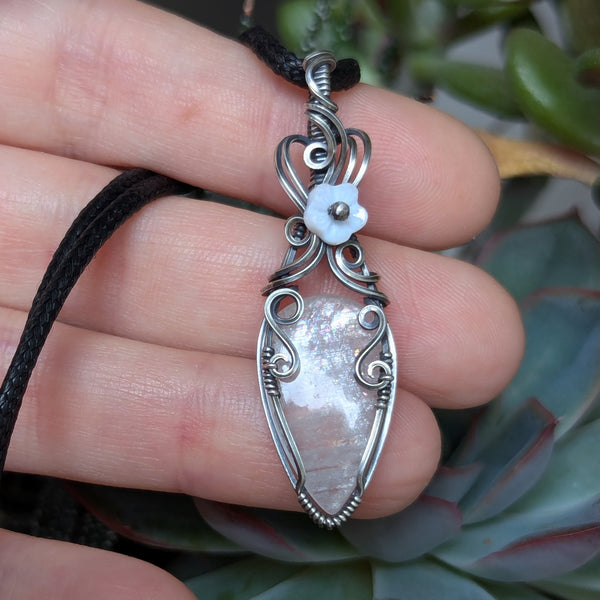 African Moonstone Wire Wrapped Oxidized Sterling Silver Pendant