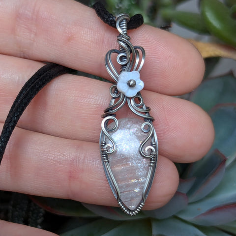 African Moonstone Wire Wrapped Oxidized Sterling Silver Pendant