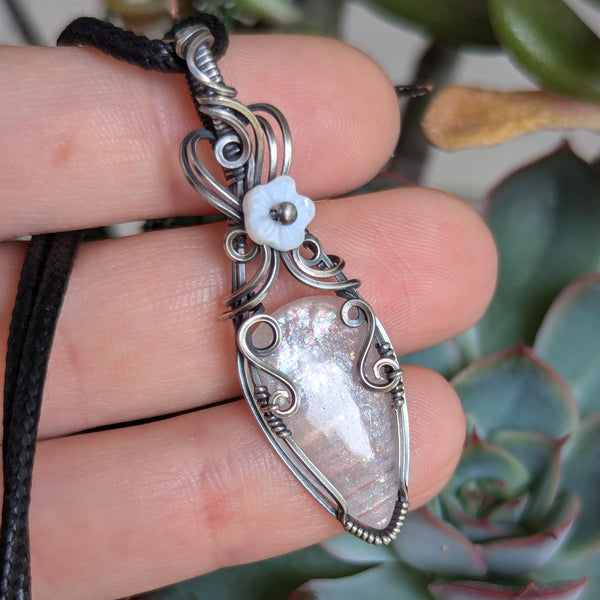 African Moonstone Wire Wrapped Oxidized Sterling Silver Pendant