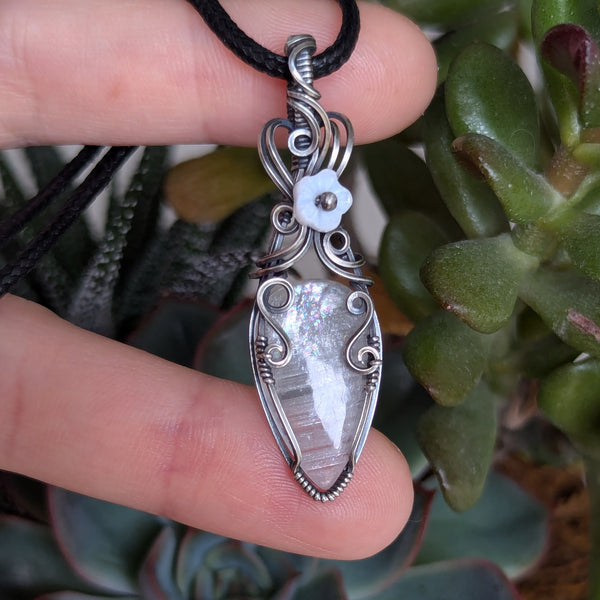 African Moonstone Wire Wrapped Oxidized Sterling Silver Pendant