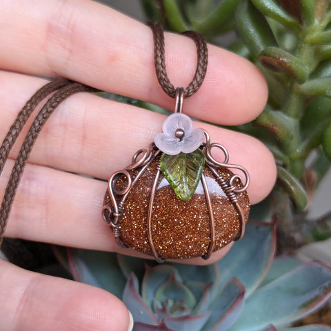 Goldstone Pumpkin Wire Wrapped Pendant in Oxidized Copper