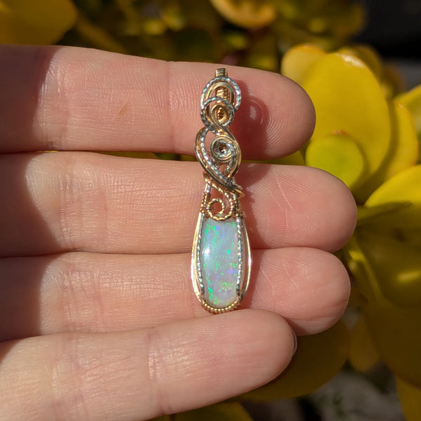 Australian Opal Wire Wrapped Sterling Silver & Gold Pendant