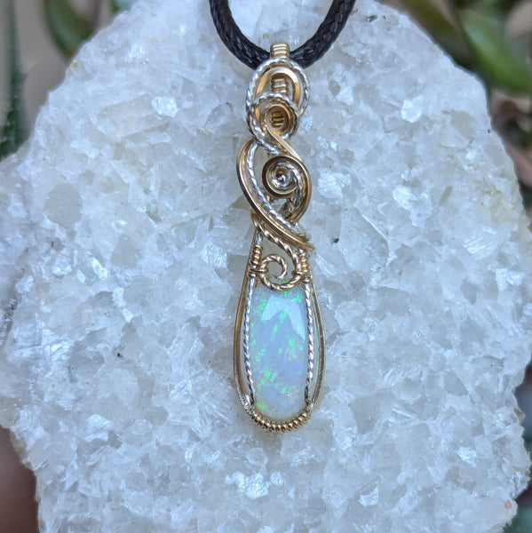 Australian Opal Wire Wrapped Sterling Silver & Gold Pendant