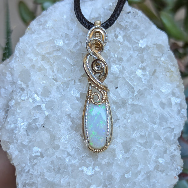 Australian Opal Wire Wrapped Sterling Silver & Gold Pendant