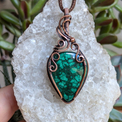 Malachite Wire Wrapped Pendant in Oxidized Copper