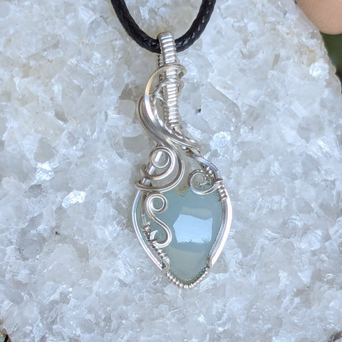 Blue Chalcedony Heart Wire Wrapped Sterling Silver Pendant