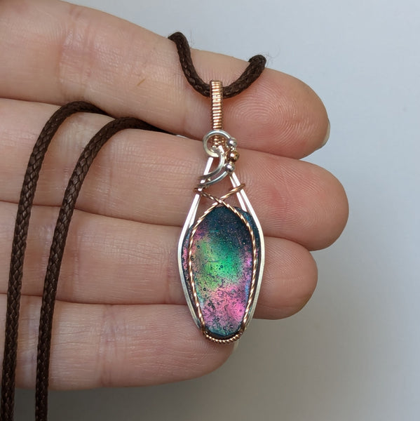 Roman Glass Wire Wrapped Sterling Silver & Rose Gold Pendant