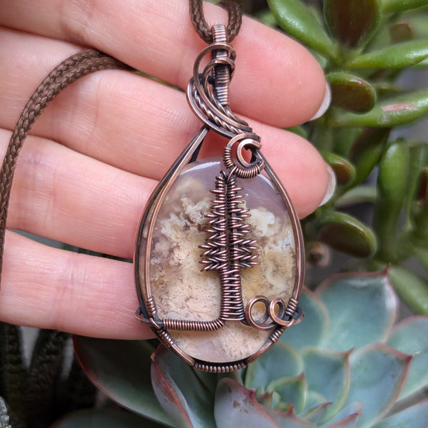 Pink Moss Agate Pine Tree Wire Wrapped Pendant in Oxidized Copper