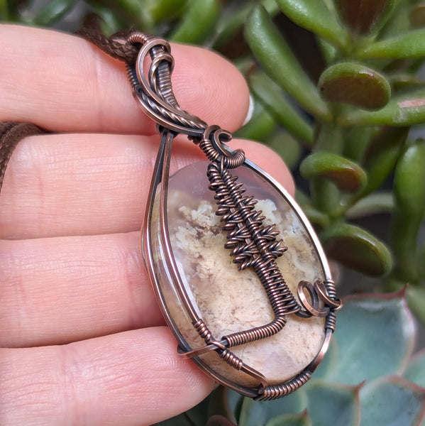 Pink Moss Agate Pine Tree Wire Wrapped Pendant in Oxidized Copper