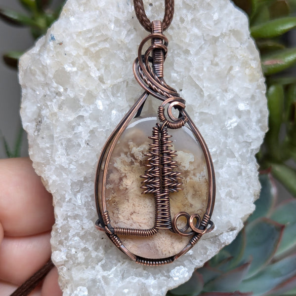 Pink Moss Agate Pine Tree Wire Wrapped Pendant in Oxidized Copper