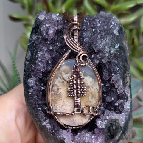 Pink Moss Agate Pine Tree Wire Wrapped Pendant in Oxidized Copper