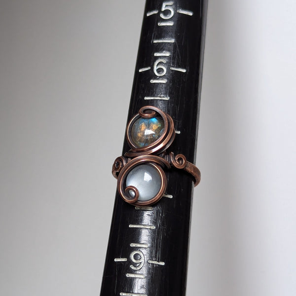 Labradorite & Silky Moonstone Size 7.5 Ring in Oxidized Copper