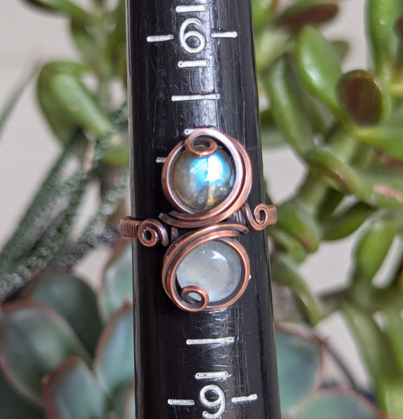 Labradorite & Silky Moonstone Size 7.5 Ring in Oxidized Copper