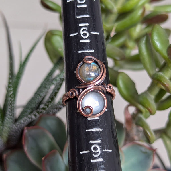 Labradorite & Silky Moonstone Size 7.5 Ring in Oxidized Copper