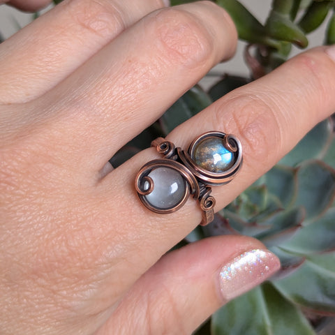 Labradorite & Silky Moonstone Size 7.5 Ring in Oxidized Copper