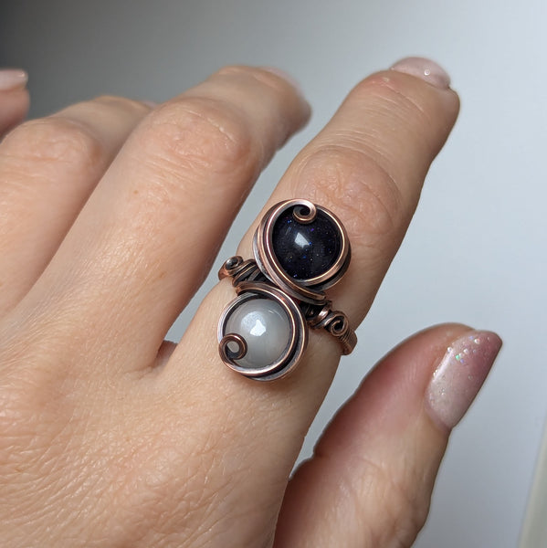 Blue Goldstone & Silky Moonstone Size 7 Ring in Oxidized Copper