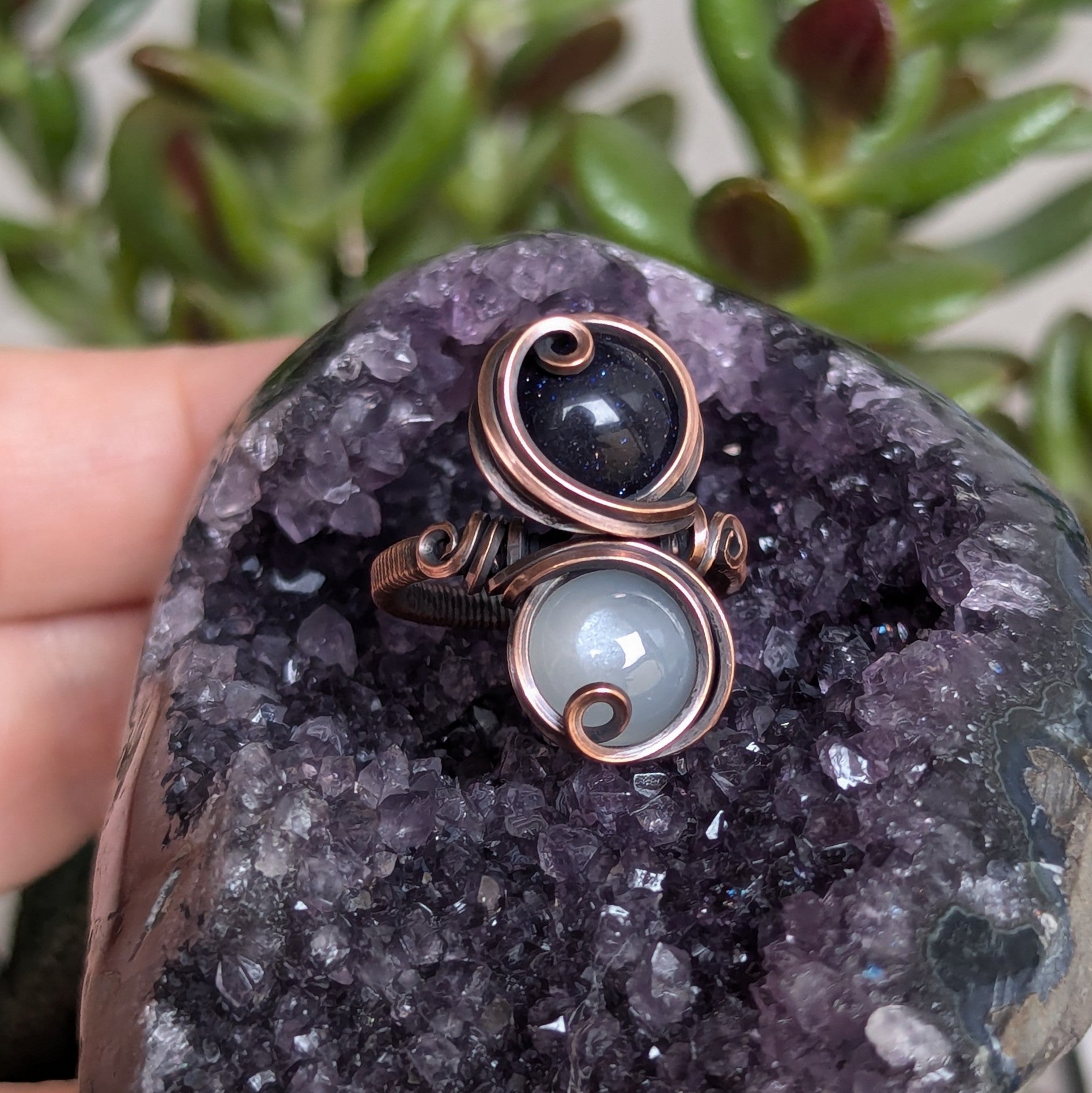 Blue Goldstone & Silky Moonstone Size 7 Ring in Oxidized Copper