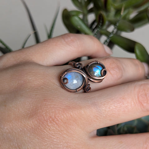 Labradorite & Rainbow Moonstone Size 6.25 Ring in Oxidized Copper