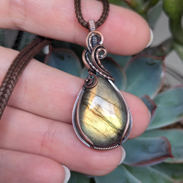 Labradorite Wire Wrapped Pendant in Oxidized Copper