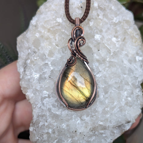 Labradorite Wire Wrapped Pendant in Oxidized Copper