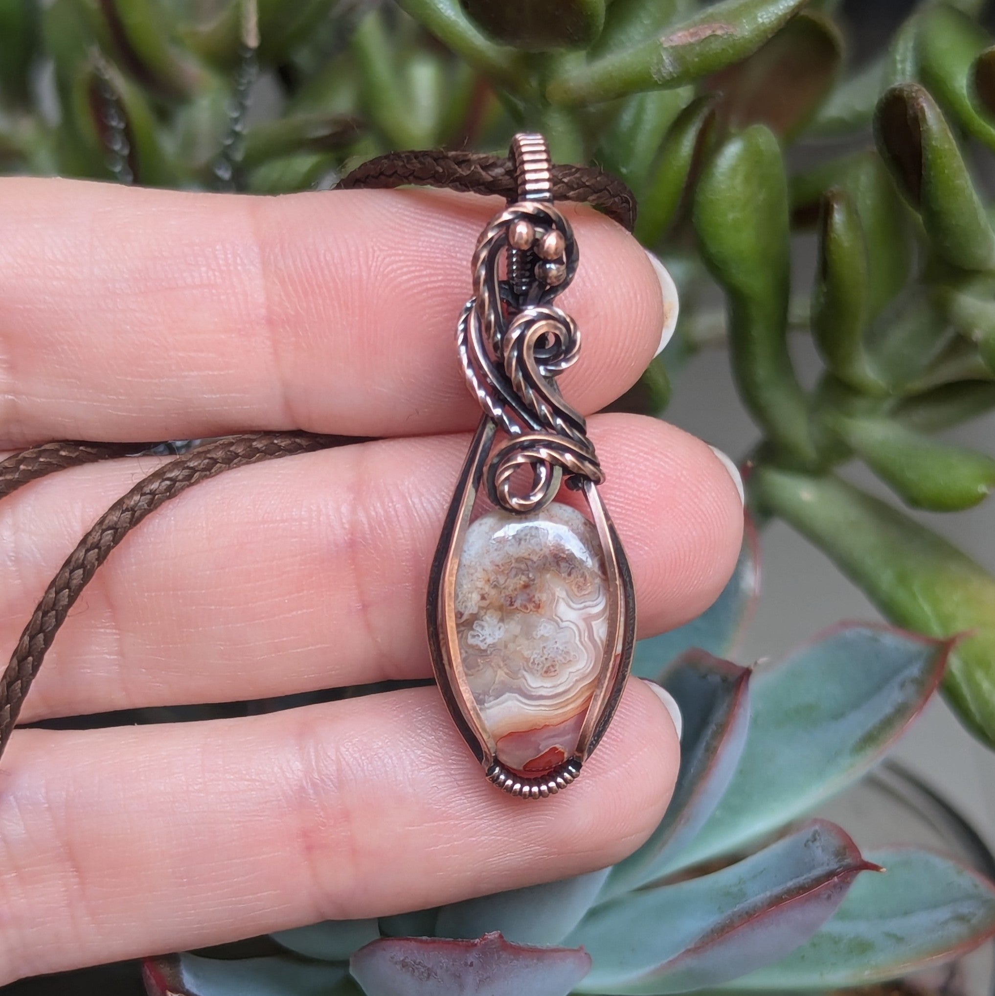 Crazy Lace Agate Wire Wrapped Mini Pendant in Oxidized Copper