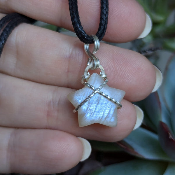 Rainbow Moonstone Star Wire Wrapped Mini Pendant in Sterling Silver