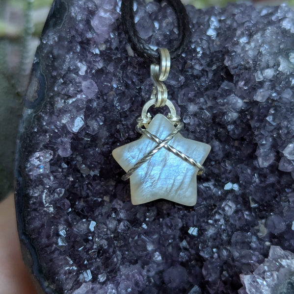 Rainbow Moonstone Star Wire Wrapped Mini Pendant in Sterling Silver