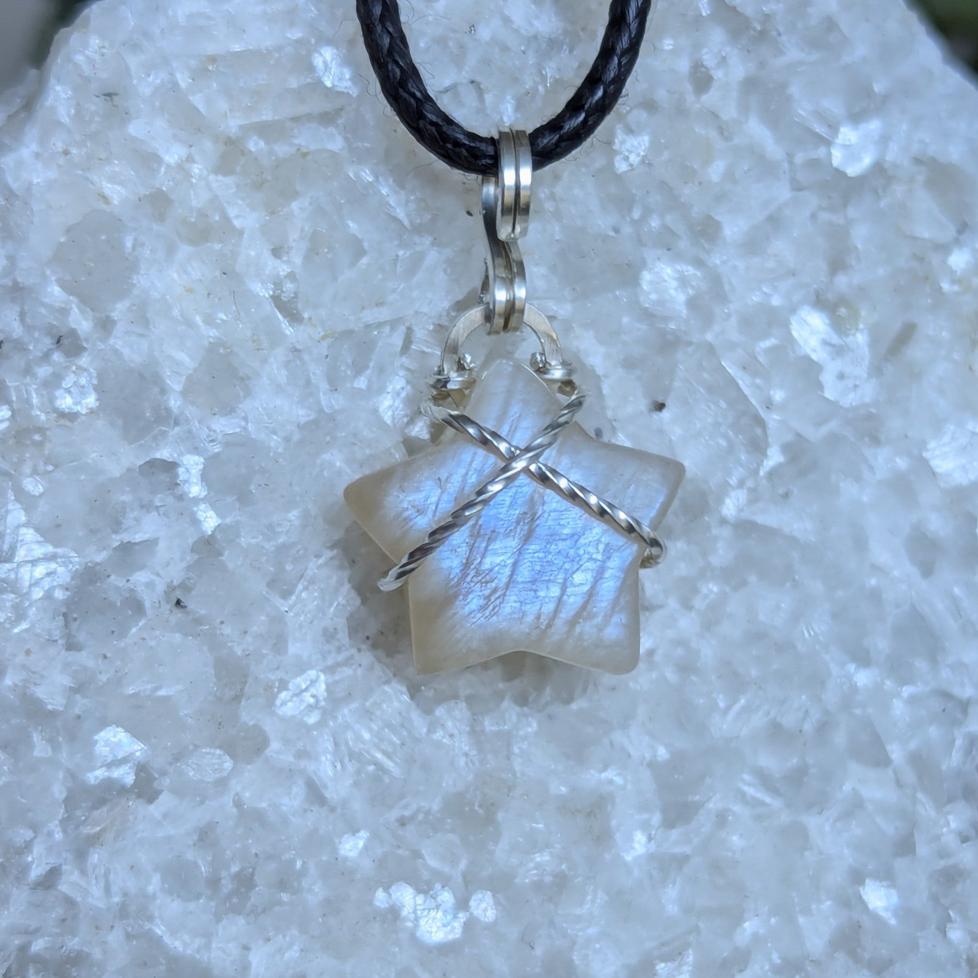 Rainbow Moonstone Star Wire Wrapped Mini Pendant in Sterling