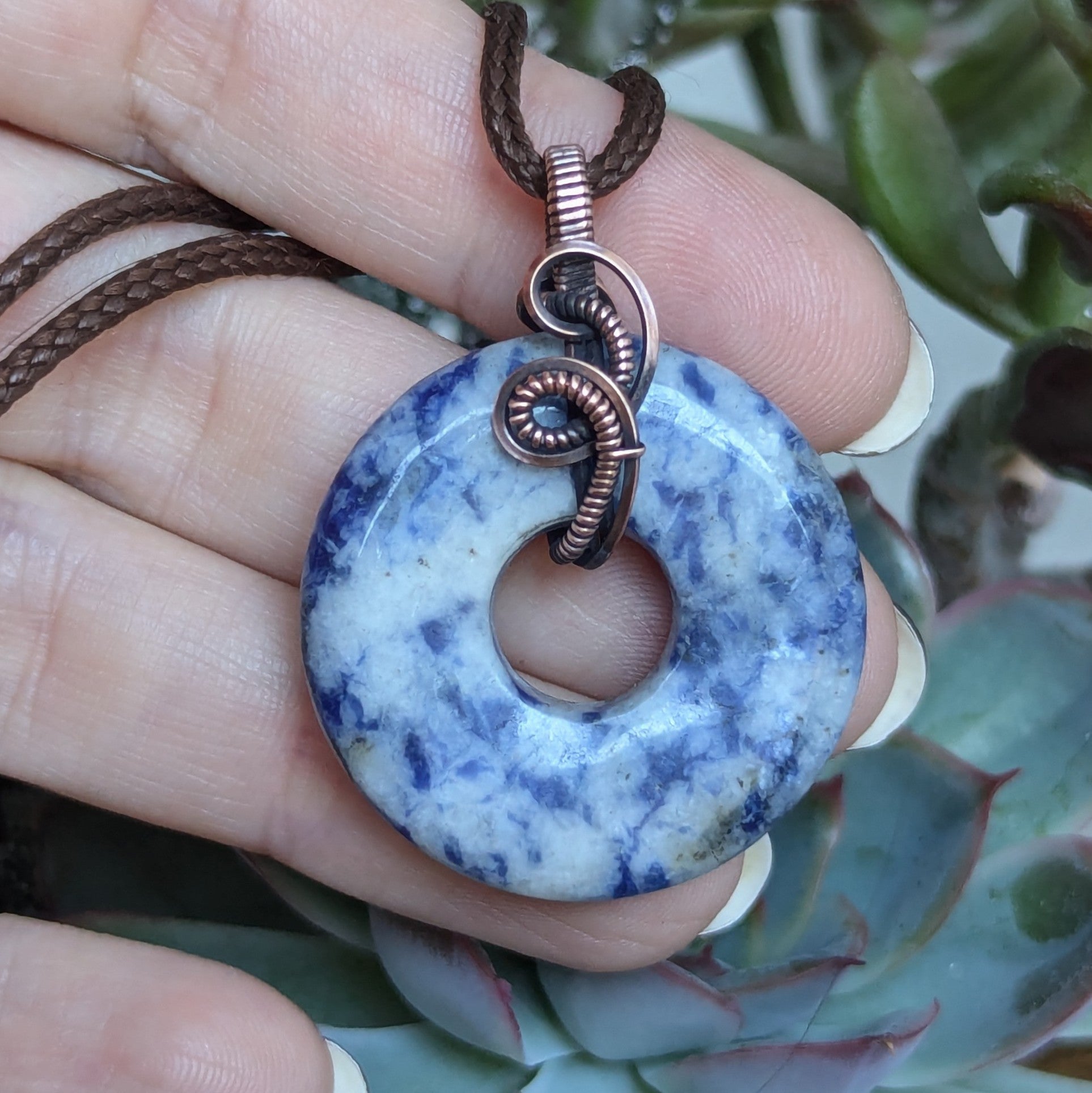 Sodalite Wire Wrapped Pendant in Oxidized Copper