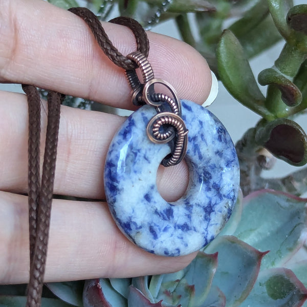 Sodalite Wire Wrapped Pendant in Oxidized Copper