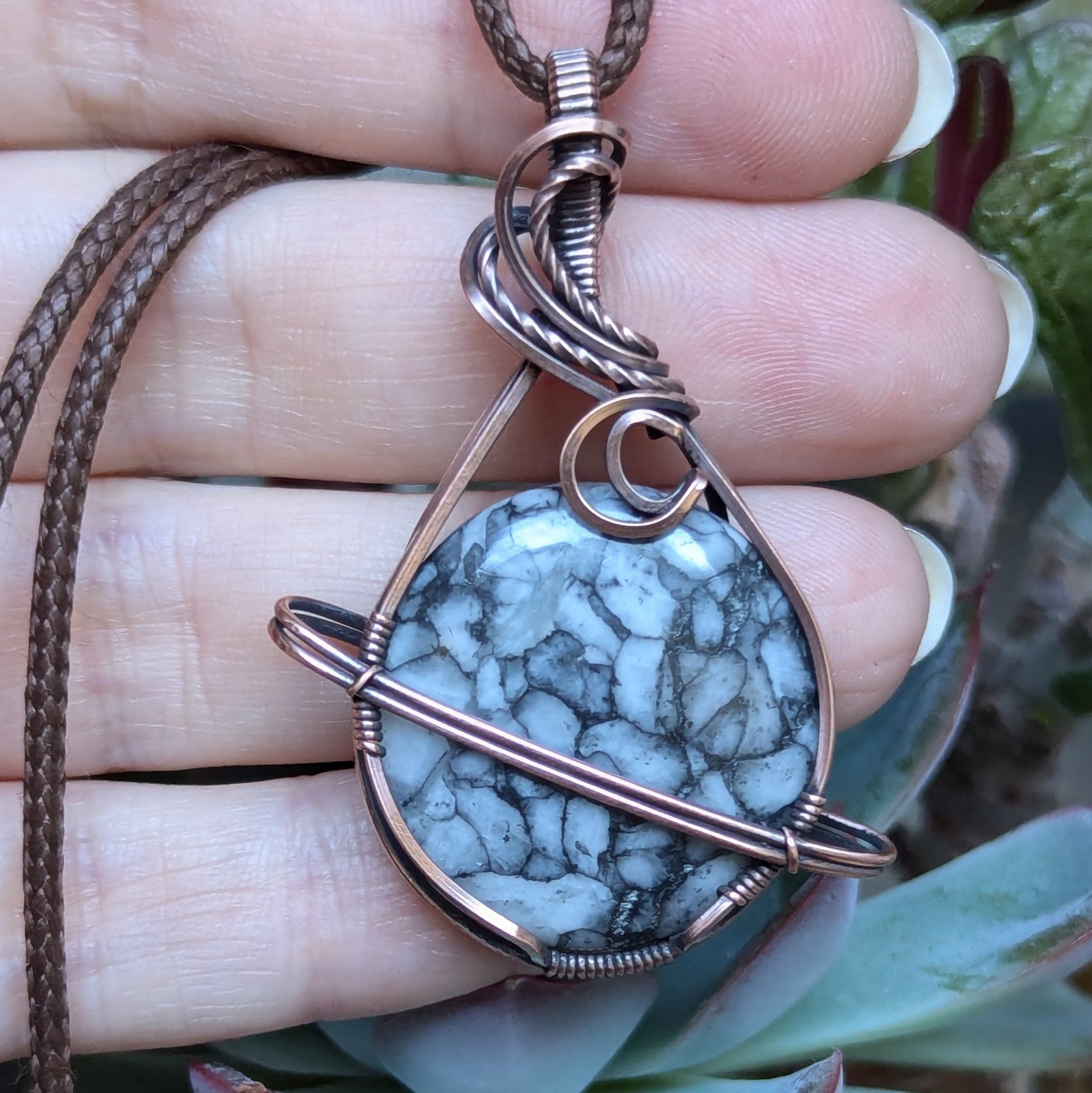 Jasper Wire Wrapped Planet Pendant in Oxidized Copper