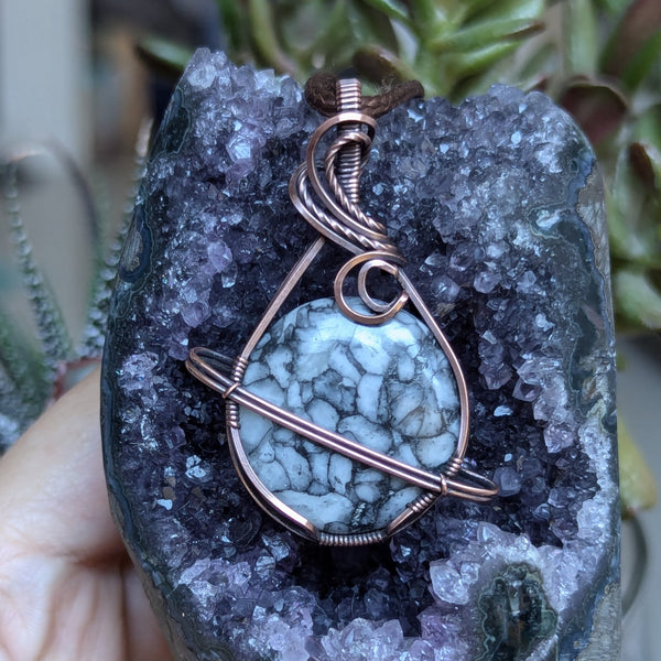 Jasper Wire Wrapped Planet Pendant in Oxidized Copper