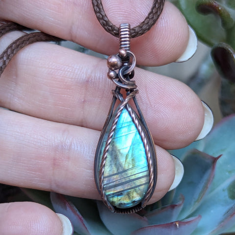 Labradorite Wire Wrapped Mini Pendant in Oxidized Copper