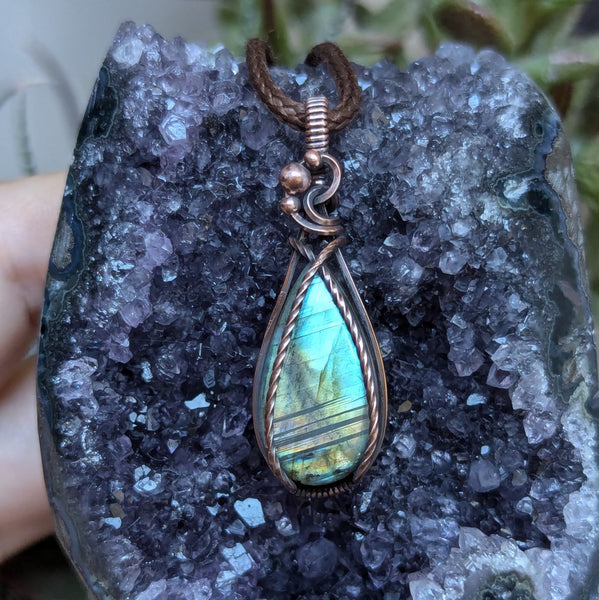 Labradorite Wire Wrapped Mini Pendant in Oxidized Copper