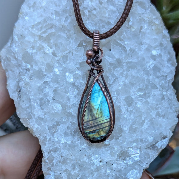 Labradorite Wire Wrapped Mini Pendant in Oxidized Copper