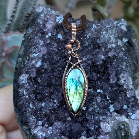 Labradorite Wire Wrapped Mini Pendant in Oxidized Copper