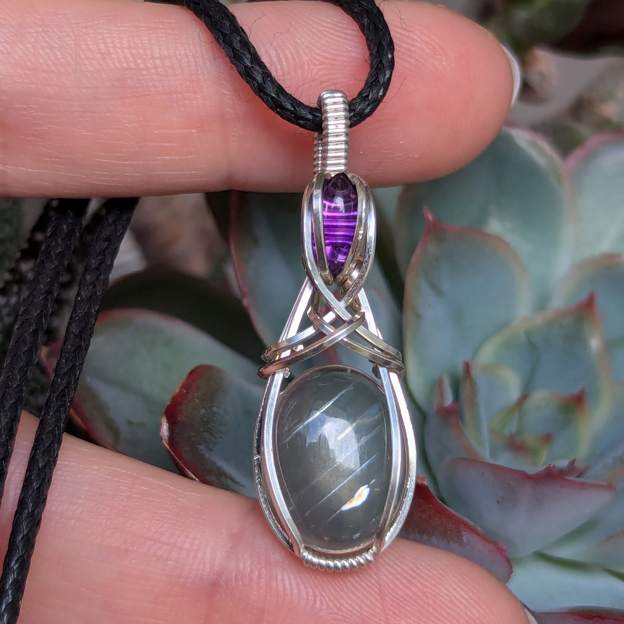 Malawi Moonstone & Amethyst Wire Wrapped Sterling Silver Pendant