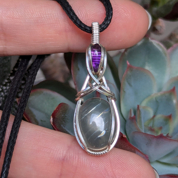 Malawi Moonstone & Amethyst Wire Wrapped Sterling Silver Pendant