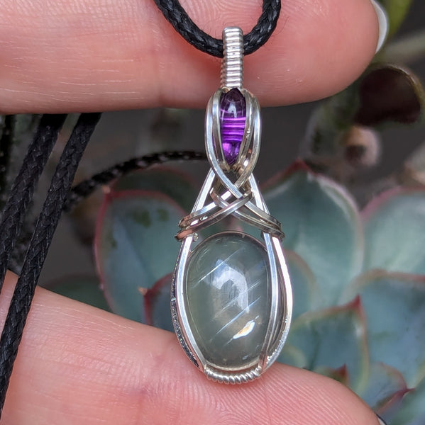 Malawi Moonstone & Amethyst Wire Wrapped Sterling Silver Pendant