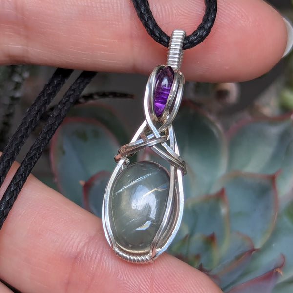 Malawi Moonstone & Amethyst Wire Wrapped Sterling Silver Pendant