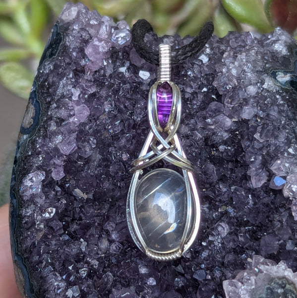 Malawi Moonstone & Amethyst Wire Wrapped Sterling Silver Pendant