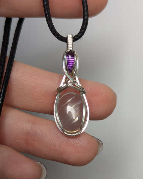 Malawi Moonstone & Amethyst Wire Wrapped Sterling Silver Pendant