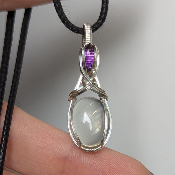 Malawi Moonstone & Amethyst Wire Wrapped Sterling Silver Pendant