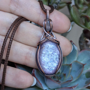 Lepidolite Mica & Rose Quartz Wire Wrapped Pendant in Oxidized Copper