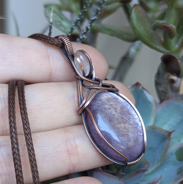 Lepidolite Mica & Rose Quartz Wire Wrapped Pendant in Oxidized Copper